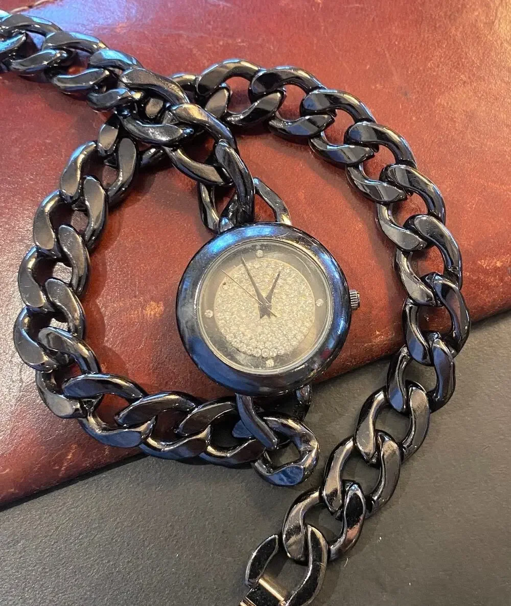Women's 30mm Gun Metal Tone RJ Graziano Watch, Heavy Chain, Crystal Face